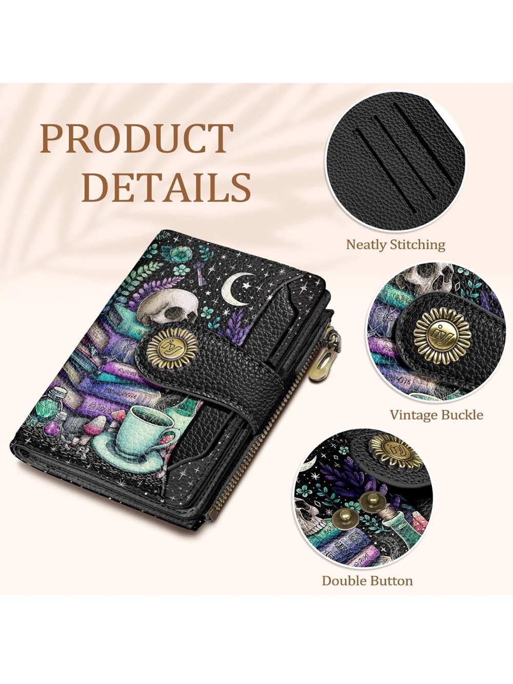 Goth Skull Tea & Books Compact Wallet - Black with Teal & Purple Artwork - Picture 5 of 13